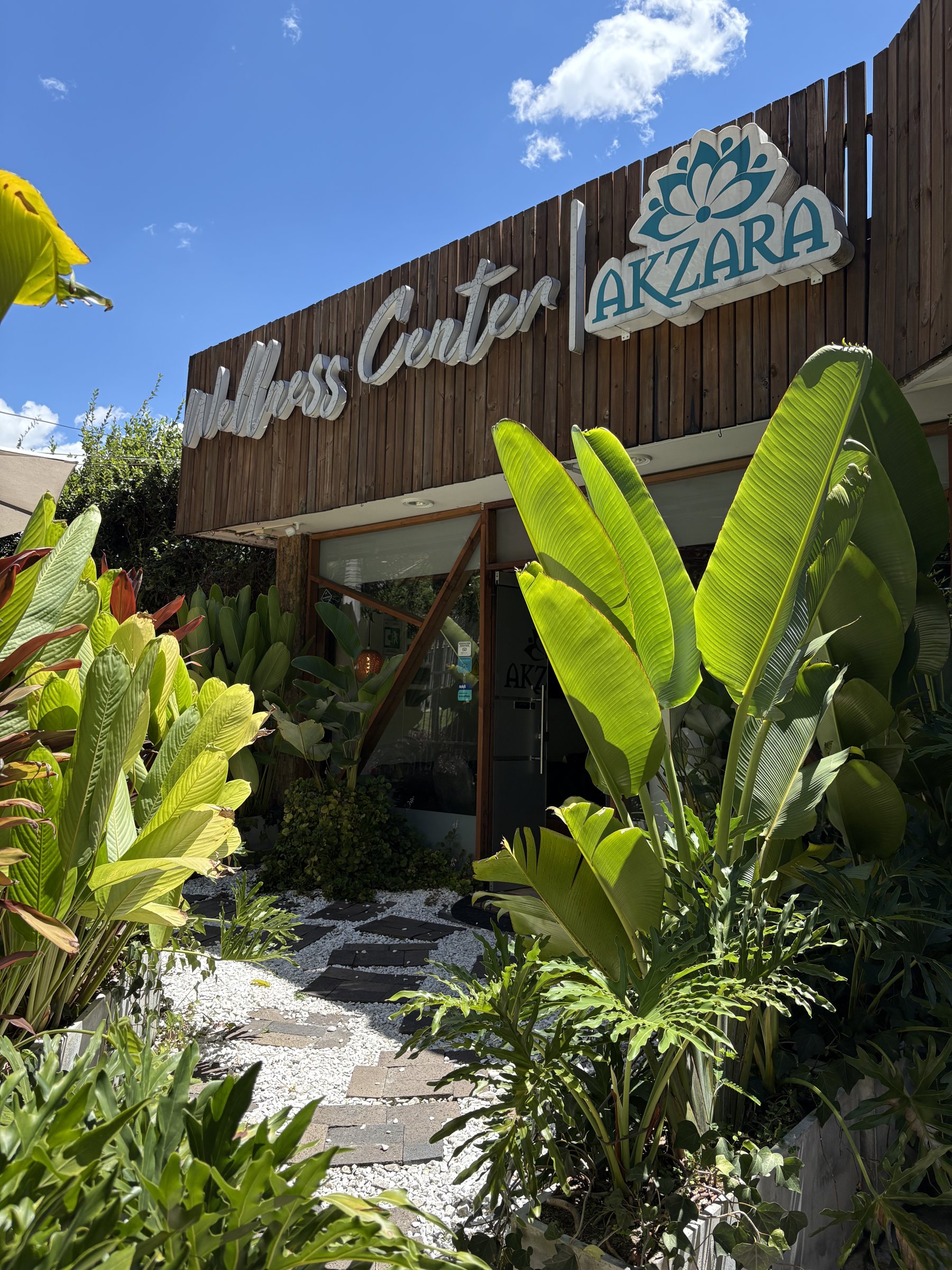 Entrada del Akzara Wellness Center, entre helechos y platanillos, con el letrero de madera