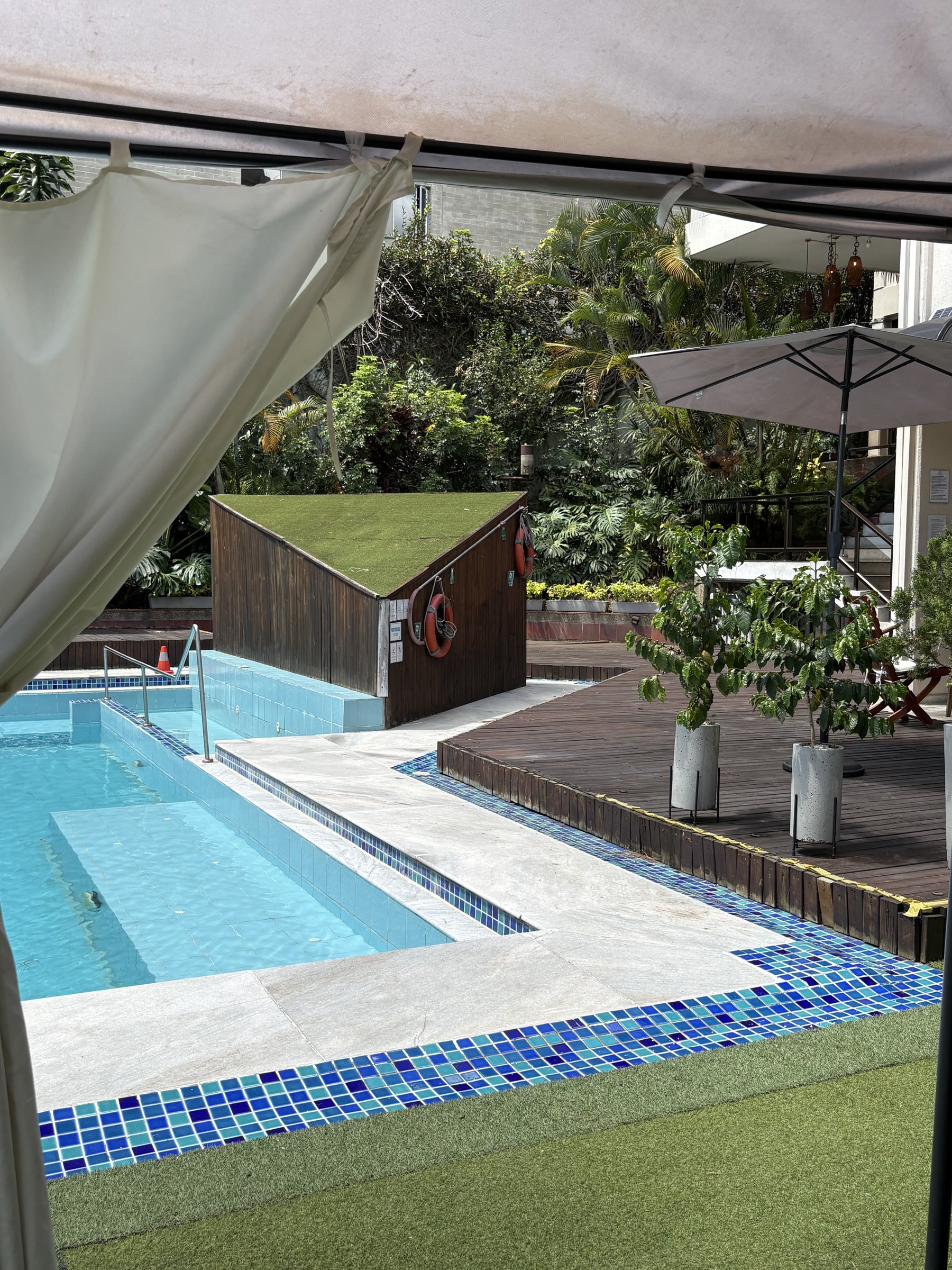 Piscina exterior del Wellness Center, entre plantas y terraza de madera